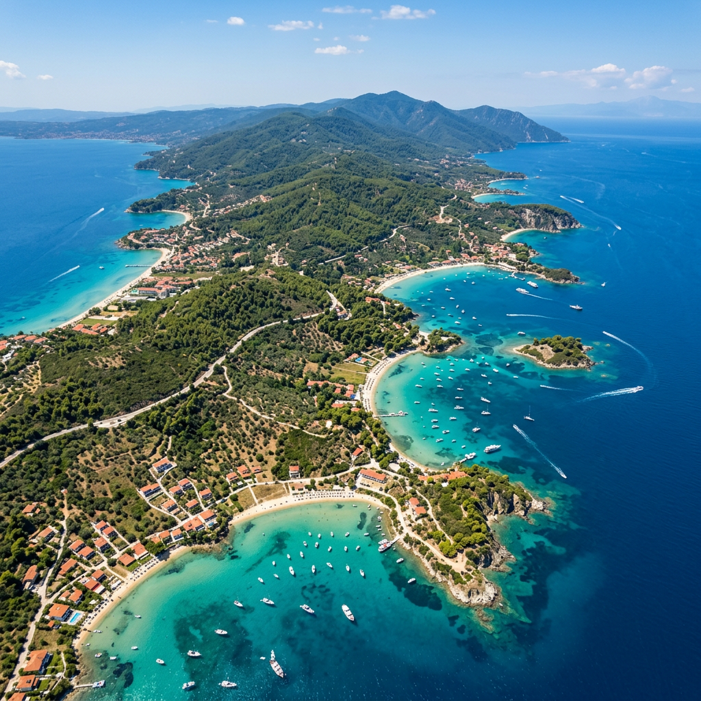 Aerial view of a green island with bays filled with anchored boats and bright blue water